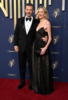 Jimmy Kimmell and his wife Molly McNearney arrive for the 77th annual Primetime Emmy Awards at the Peacock Theater in Los Angeles on Sunday, September 14, 2025.  LAP20250914781 JohnxMcCoy