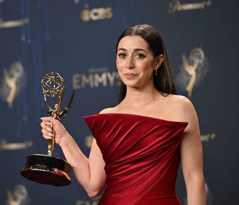 Cristin Milioti holds the Emmy for Lead Actress in a Limited or Anthology Series or Movie for The Penguin, backstage during the 77th annual Primetime Emmy Awards at the Peacock Theater in Los Angeles on Sunday, September 14, 2025.  LAP20250914290 CHISxCHEW