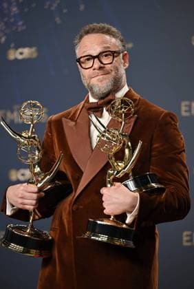Seth Rogen holds the Emmys for Outstanding Writing for a Comedy Series, Outstanding Directing for a Comedy Series, Outstanding Lead Actor in a Comedy Series and Outstanding Comedy Series for The Studio, backstage during the 77th annual Primetime Emmy Awards at the Peacock Theater in Los Angeles on Sunday, September 14, 2025.  LAP20250914292 CHISxCHEW