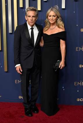 Ben Stiller and his wife, actress Christine Taylor arrive the 77th annual Primetime Emmy Awards at the Peacock Theater in Los Angeles on Sunday, September 14, 2025.  LAP20250914809 JohnxMcCoy