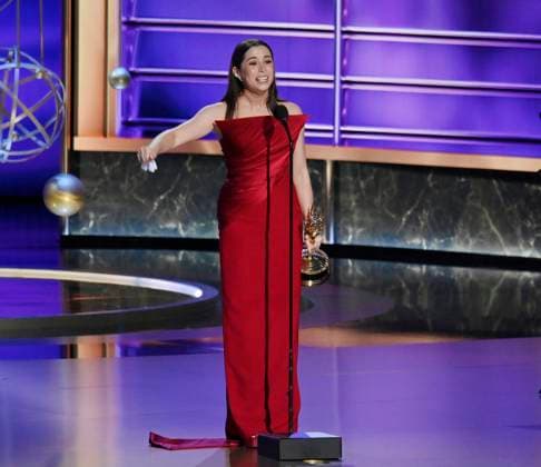 Cristin Milioti accepts the Outstanding Lead Actress in a Limited or Anthology Series or Movie award for The Penguin onstage at the 77th annual Primetime Emmy Awards at the Peacock Theater in Los Angeles on Sunday, September 14, 2025.  LAP202509148002 JIMxRUYMEN