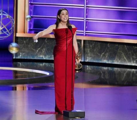 Cristin Milioti accepts the Outstanding Lead Actress in a Limited or Anthology Series or Movie award for The Penguin onstage at the 77th annual Primetime Emmy Awards at the Peacock Theater in Los Angeles on Sunday, September 14, 2025.  LAP202509149002 JIMxRUYMEN