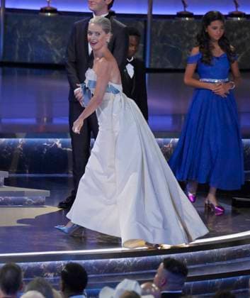 Katherine LaNasa accepts the Outstanding Supporting Actress in a Drama Series award for The Pitt at the 77th annual Primetime Emmy Awards at the Peacock Theater in Los Angeles on Sunday, September 14, 2025.  LAP20250914906 JIMxRUYMEN