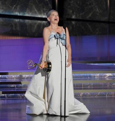 Katherine LaNasa accepts the Outstanding Supporting Actress in a Drama Series award for The Pitt at the 77th annual Primetime Emmy Awards at the Peacock Theater in Los Angeles on Sunday, September 14, 2025.  LAP20250914908 JIMxRUYMEN