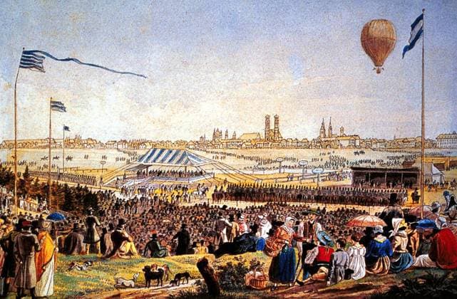 München, 190. Oktoberfest vom 20. September bis 5. Oktober 2025. Wegen Krieg, Cholera, Inflation und COVID-19-Pandemie ist das Fest 25 Mal seit 1810 ausgefallen. Geschichte, historisch, historisches Foto: Königszelt, Pferdeennen, 1820 *** Munich, 190 Oktoberfest from September 20 to October 5, 2025 Due to war, cholera, inflation and the COVID 19 pandemic, the festival has been canceled 25 times since 1810 History, historical, historical photo Königszelt, Pferdeennen, 1820 Copyright: xHeinzxGebhardtx