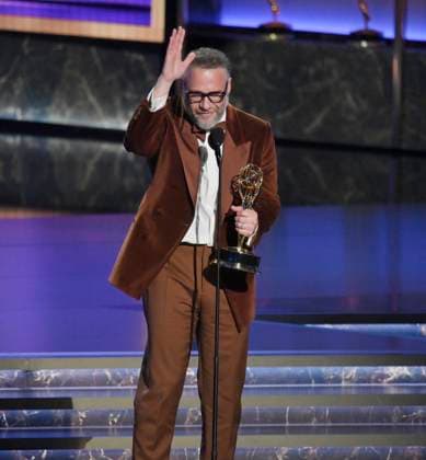Seth Rogen accepts the Outstanding Lead Actor in a Comedy Series award for The Studio onstage at the 77th annual Primetime Emmy Awards at the Peacock Theater in Los Angeles on Sunday, September 14, 2025.  LAP20250914919 JIMxRUYMEN