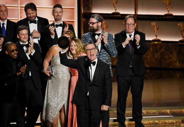 Stephen Colbert accepts the Outstanding Talk Series Award for The Late Show with Stephen Colbert onstage at the 77th annual Primetime Emmy Awards at the Peacock Theater in Los Angeles on Sunday, September 14, 2025.  LAP20250914921 JIMxRUYMEN