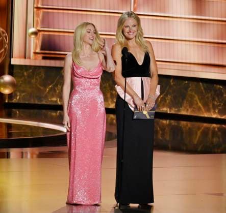 Brittany Snow (L) and Malin Akerman appear onstage at the 77th annual Primetime Emmy Awards at the Peacock Theater in Los Angeles on Sunday, September 14, 2025.  LAP20250914924 JIMxRUYMEN