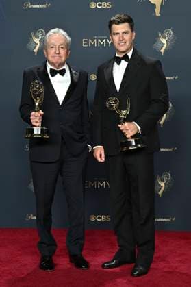 Lorne Michaels and Colin Jost with the Emmy for Outstanding Variety Special Live for SNL50 The Anniversary Special at the 77 Primetime Emmy Awards 2025 Photocall at the Peacock Theater Los Angeles, 14 09 2025 Foto:xD.xStarbuckx xFuturexImagex emmy_5893