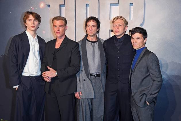 Yoran Leicher, David Schütter, Laurence Rupp, Leonard Kunz, Sebastian Urzendowsky at the world premiere of the Amazon MGM Studios film THE TIGER at the cinema in the Kulturbrauerei in Berlin on 15 09 2025