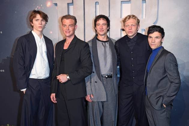Yoran Leicher, David Schütter, Laurence Rupp, Leonard Kunz, Sebastian Urzendowsky at the world premiere of the Amazon MGM Studios film THE TIGER at the cinema in the Kulturbrauerei in Berlin on 15 09 2025