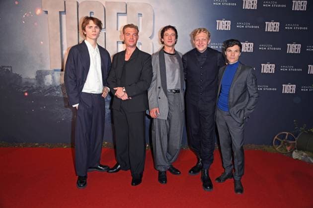 Yoran Leicher, David Schütter, Laurence Rupp, Leonard Kunz, Sebastian Urzendowsky at the world premiere of the Amazon MGM Studios film THE TIGER at the cinema in the Kulturbrauerei in Berlin on 15 09 2025