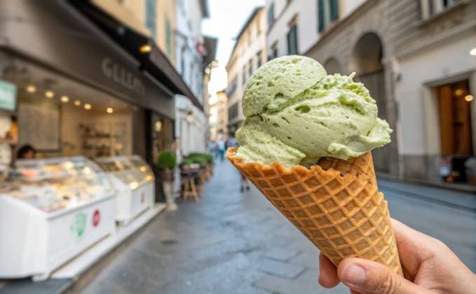 RECORD DATE NOT STATED Delicious scoop of fresh gelato on a charming Italian street Creamy green gelato while exploring the quaint cobblestone streets of Italy. A perfect treat on a warm day, surrounded by charming shops and vibrant atmosphere., 95617698.jpg