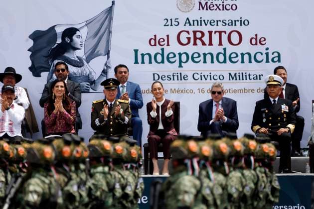 (L-R)Ministry of National Defense, Ricardo Trevilla Trejo; Claudia Sheinbaum and her husband Jesus Maria Tarriba; and Minister of MexicoÃ¢â‚¬â ¢s Navy, Raymundo Morales Angeles during the military parade for the 215th anniversary of Mexico s Independence day at main square Zocalo. on September 16, 2025, in Mexico City, Mexico. Mexico City Mexico - ZUMAe321 20250916_zia_e321_002 Copyright: xLuisxBarronx