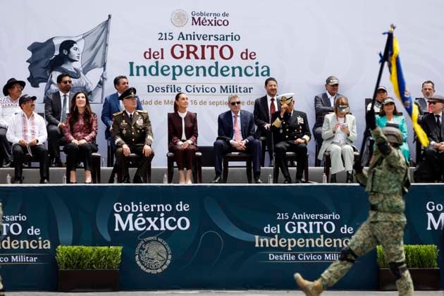 (L-R)Ministry of National Defense, Ricardo Trevilla Trejo; Claudia Sheinbaum and her husband Jesus Maria Tarriba; and Minister of MexicoÃ¢â‚¬â ¢s Navy, Raymundo Morales Angeles during the military parade for the 215th anniversary of Mexico s Independence day at main square Zocalo. on September 16, 2025, in Mexico City, Mexico. Mexico City Mexico - ZUMAe321 20250916_zia_e321_040 Copyright: xLuisxBarronx