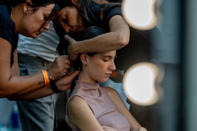 Adolfo Dominguez fashion show at MBFW Madrid Backstage during the fashion show of designer Adolfo Dominguez, at the 82nd edition of Mercedes Benz Fashion Week Madrid, at the Palacio de Cibeles, on September 17, 2025, in Madrid Spain This years edition will be held from September 17 to 21 and commemorates the 40th anniversary of the catwalk Adolfo Domínguez has been committed, since its inception, to a natural fashion, far from rigidity Currently, the firm has 360 points of sale in 24 countries 17 SEPTEMBER 2025 Madrid Madrid Spain  Copyright: xRicardoxRubiox 6961755