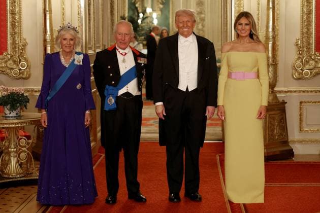 . 17 09 2025. Windsor, United Kingdom. US President Donald Trump and First Lady Melania Trump with King Charles III and Queen Camilla at a State Banquet at Windsor Castle on the first day of their State Visit to the United Kingdom.  xi-Imagesx xPoolx IIM-26238-0313