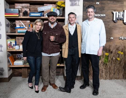 September 17, 2025, Bronx, New York, USA: Ryan Hawke, Sterlin Harjo, Ethan Hawke and Garrett Basch attend FX premiere of The Lowdown on Hulu at Brooklyn Academy of Music in New York, NY on September 17, 2025. Bronx USA - ZUMAr339 20250917_znp_r339_135 Copyright: xLevxRadinx