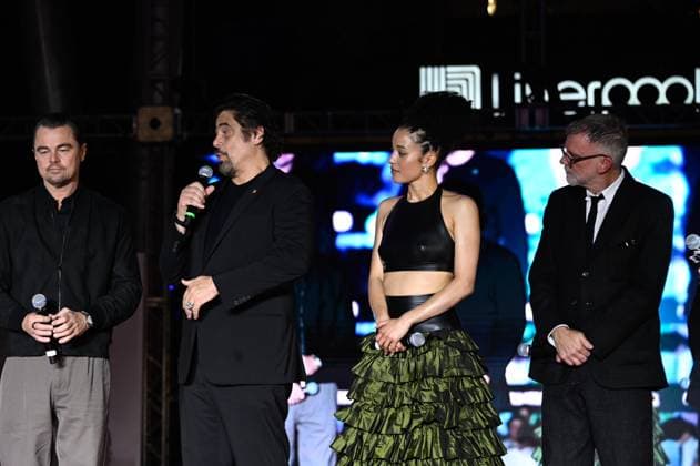 One Battle After Another Red Carpet (L-R) Leonardo DiCaprio, Benicio del Toro, Chase Infiniti and Director Paul Thomas Anderson attend the red carpet for ˜One Battle After Another™ fan event at Toreo Parque Central. on September 18, 2025 in Mexico City, Mexico. Mexico City CDMX Mexico Copyright: xCarlosxTischlerx