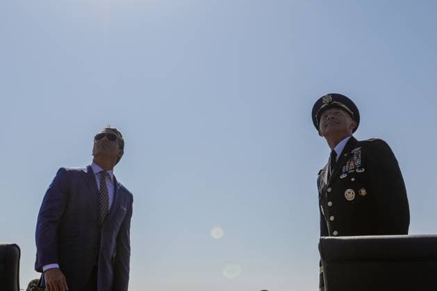 US Secretary of War Pete WASHINGTON D.C., UNITED STATES - SEPTEMBER 19: US Secretary of Defense Pete Hegseth (L) and US Army Chief of Staff General Randy George (R) watches a flyover of military Jet-aircraft during 2025 National POW - MIA Recognition Day ceremony at the Pentagon in Washington, DC on September 19, 2025, in Washington DC, United States. Yasin Ozturk Anadolu Washington D.C. United States. Editorial use only. Please get in touch for any other usage.  Copyright: x2025xAnadoluxYasinxOzturkx