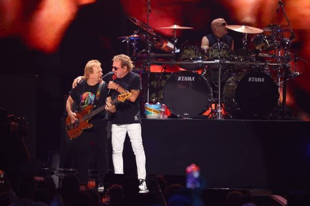 (L-R) Bass guitarist Michael Anthony and Sammy Hagar, perform on stage during the iHeartRadio Music Festival Concerts at T-Mobile Arena in Las Vegas, Nevada on Friday, September 19, 2025.  LAV2025091914 JAMESxATOA