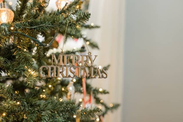 Merry Christmas tree ornament hanging on tree. Virginia Beach, Virginia, United States R_LEOA250918-1834166-01