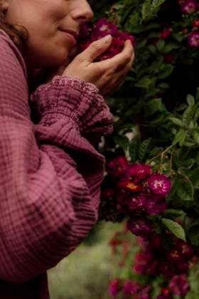 Creative Highlight Symbolbilder Woman smelling roses in a garden closeup. Amsterdam, North Holland, Netherlands R_RTBZ250918-1842384-01 ,model released, Symbolfoto