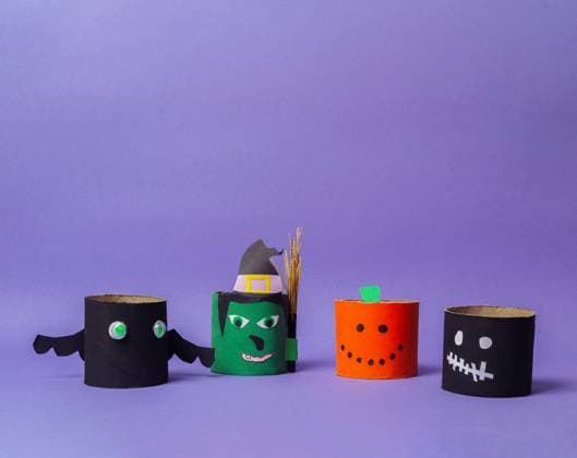 Group of Halloween decorations made from paper tubes Group of Halloween decorations made from paper tubes. One of the tubes has a pumpkin on it, 96991570.jpg RECORD DATE NOT STATED