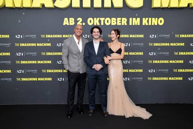 Dwayne Johnson, Benny Safdie and Emily Blunt at THE SMASHING MACHINE movie premiere at Zoo Palast in Berlin on 22 09 2025 in Berlin The Smashing Machine movie premiere in Berlin