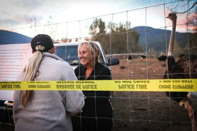 September 22, 2025, Edgewood, Bc, CANADA: Karen Espersen, centre, the co-owner of Universal Ostrich Farms, speaks with supporters at the farm in Edgewood, B.C., on Monday, Sept. 22, 2025, as the Canadian Food Agency prepares to cull 400 of the farmöÄÃ s ostriches this week. Edgewood CANADA - ZUMAc35_ 20250922_zaf_c35_123 Copyright: xAaronxHemensx
