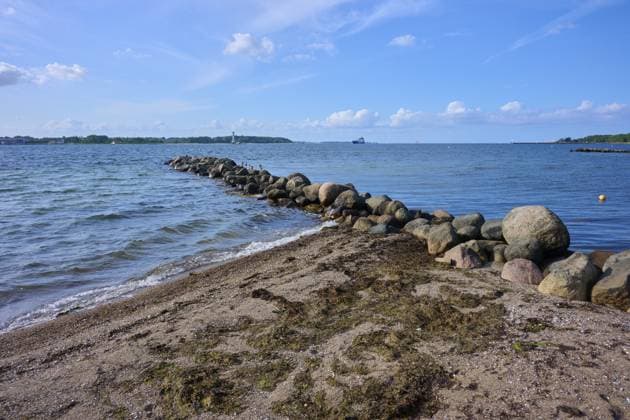 Steinwellenbrecher im Meer an einem sonnigen Strandtag mit blauem Himmel, Heikendorf, Kreis Plön, Kieler Förde, Schleswig-Holstein, Deutschland Stone breakwater in the sea on a sunny beach day with blue sky, Heikendorf, Plön district, Kiel Fjord, Schleswig-Holstein, Germany Copyright: imageBROKER RaimundxLinke ibxrde15149786.jpg