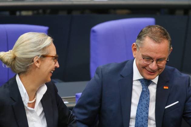 Berlin, Deutschland, 23.09.2025: Deutscher Bundestag: 26. Bundestagssitzung - Haushaltswoche: Alice Weidel und Tino Chrupalla, AfD *** Berlin, Germany, 23 09 2025 German Bundestag 26 Bundestag session Budget week Alice Weidel and Tino Chrupalla, AfD Copyright: xdtsxNachrichtenagenturx dts_83943