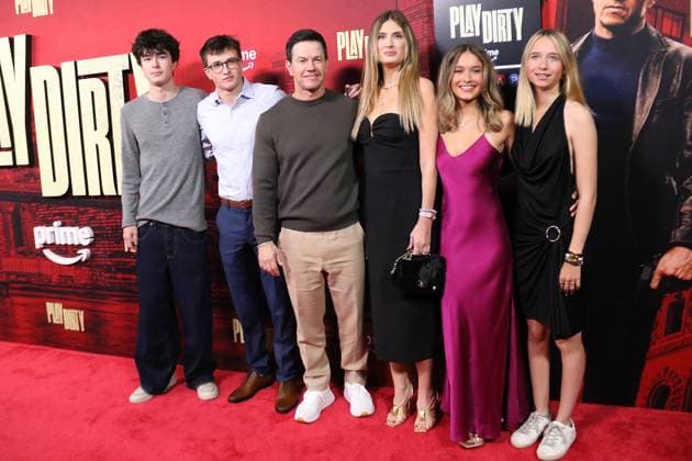 NEW YORK, NY- SEPTEMBER 24: Brendan Wahlberg, Michael Wahlberg, Mark Wahlberg, Rhea Durham, Ella Rae Wahlberg, Grace Margaret Wahlber at the Amazon MGM Studios Play Dirty world premiere held at SVA Theatre on September 24, 2025 in New York, New York Copyright: xRWx