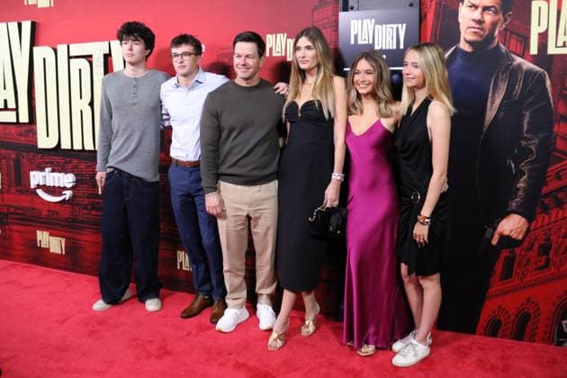 NEW YORK, NY- SEPTEMBER 24: Brendan Wahlberg, Michael Wahlberg, Mark Wahlberg, Rhea Durham, Ella Rae Wahlberg, Grace Margaret Wahlber at the Amazon MGM Studios Play Dirty world premiere held at SVA Theatre on September 24, 2025 in New York, New York Copyright: xRWx