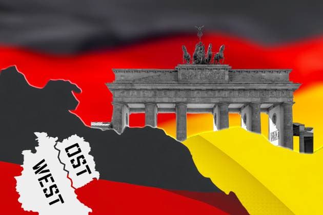 Germany - September 27, 2025: PHOTOMONTAGE, symbolic image of the East-West divide in Germany: Brandenburg Gate with a map of East and West Germany against a black, red, and gold background.