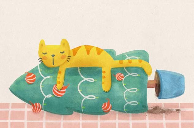 Whimsical illustration of a yellow cat peacefully sleeping on a toppled Christmas tree, surrounded by scattered ornaments. A playful and humorous take on holiday chaos and pet life Model Released Bubblegum_ID31412_1068283_001 Copyright: xBubblegumx RECORD DATE NOT STATED