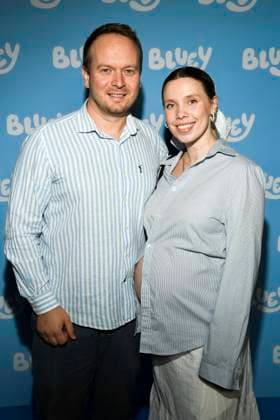 abb Adrian Graul and Maria Graziala pregnant Blond Gilmore Diaries guest on the blue carpet at the movie premiere Bluey at the cinema Kuechenspass Kollektion at CinemaxX Berlin Potsdamer Platz on September 27, 2025 in Berlin Berlin Germany
