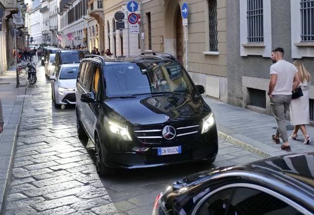 Brera District protesters gathered to protest Free Gaza before the Giorgio Armani fashion show at the entrance gate for the numerous VIP guests invited in a black van.  Copyright: xLucaxPontix xipa-agency.netx xLucaxPonti xIpaxagencyx IPA_Agency_IPA65897649