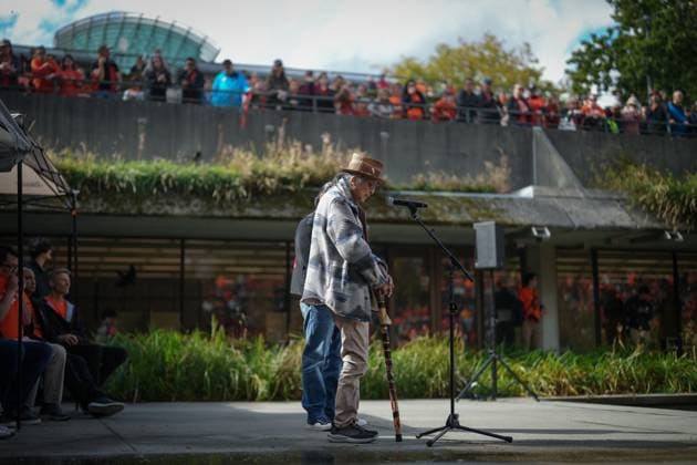 September 30, 2025, Vancouver, Bc, CANADA: Squamish Nation Elder Sam George, a survivor of St. Paul s Residential School, pauses while speaking during a gathering to mark the National Day for Truth and Reconciliation, in Vancouver, on Tuesday, September 30, 2025. Vancouver CANADA - ZUMAc35_ 20250930_zaf_c35_105 Copyright: xDarrylxDyckx