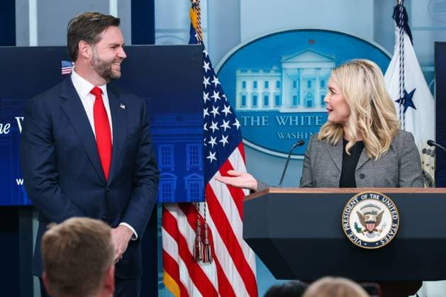 Vice President JD Vance joins White House Press Secretary Karoline Leavitt during a press briefing in the James S. Brady Press Briefing Room at the White House on Wednesday, October 1, 2025 in Washington, D.C.  WASP209251001101 SamuelxCorum
