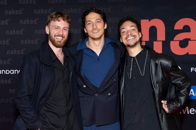 Actor Noah SAAVEDRA mi with actor Marco GIANNI left and Aurel MERTZ right , portrait, portrait, half figure, friendly, laughing, at the premiere of the ARD WDR TV series ,naked, at the Filmpalast Koeln, on 01 10 2025
