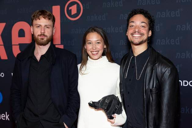 Actress Malaya Stern TAKEDA mi with actor Marco GIANNI left and actor Aurel MERTZ right , portrait, portrait, half figure, friendly, laughing, at the premiere of the ARD WDR TV series ,naked, at the Filmpalast Koeln, on 01 10 2025