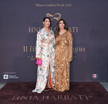 Milan, Italy Il Filo del Coraggio fashion show event dedicated to women against violence by the Italian-Moroccan designer Hnia Harrati at the Fontana e Rocce of Palazzo Lombardia during Fashion Week. Celebrities, institutions and associations are present. In the photo: Rajae Bezzaz, Hnia Harrati  Copyright: xNickxZonnax xipa-agency.netx xNickxZonnax IPA_Agency_IPA66058160