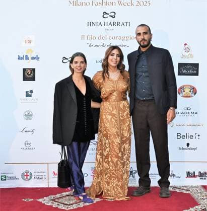 Milan, Italy Il Filo del Coraggio fashion show event dedicated to women against violence by the Italian-Moroccan designer Hnia Harrati at the Fontana e Rocce of Palazzo Lombardia during Fashion Week attended by personalities, institutions and associations. In the photo: Hnia Harrati with personalities from the consulates.  Copyright: xNickxZonnax xipa-agency.netx xNickxZonnax IPA_Agency_IPA66058169