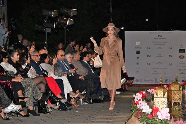 Milan, Italy Il Filo del Coraggio fashion show event dedicated to women against violence by the Italian-Moroccan designer Hnia Harrati at the Fontana e Rocce of Palazzo Lombardia during Fashion Week with the presence of personalities, institutions and associations. In the photo: fashion show with public and institutions present.  Copyright: xNickxZonnax xipa-agency.netx xNickxZonnax IPA_Agency_IPA66058196