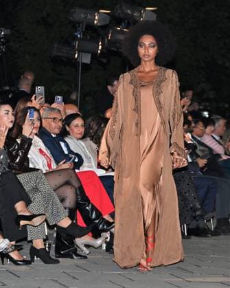 Milan, Italy Il Filo del Coraggio fashion show event dedicated to women against violence by the Italian-Moroccan designer Hnia Harrati at the Fontana e Rocce of Palazzo Lombardia during Fashion Week with the presence of personalities, institutions and associations. In the photo: fashion show with public and institutions present.  Copyright: xNickxZonnax xipa-agency.netx xNickxZonnax IPA_Agency_IPA66058212