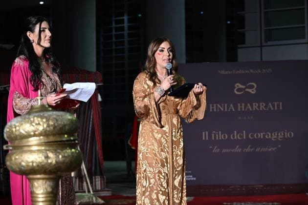 Milan, Italy Il Filo del Coraggio fashion show event dedicated to women against violence by the Italian-Moroccan designer Hnia Harrati at the Fontana e Rocce of Palazzo Lombardia during Fashion Week attended by personalities, institutions and associations. In the photo: Barbara Francesca Ovieni presenter of the event with Hnia Harrati.  Copyright: xNickxZonnax xipa-agency.netx xNickxZonnax IPA_Agency_IPA66058241