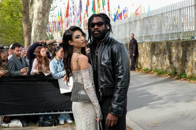 PFW - Paco Rabanne Outside Arrivals Milla Lapidus and William Kalubi aka Damso at Paco Rabanne show during the Womenswear Spring Summer 2026 as part of Paris Fashion Week on October 2, 2025 in Paris, France. Photo by Robin Psaila ABACAPRESS.COM Paris France  Copyright: xPsailaxRobin ABACAx