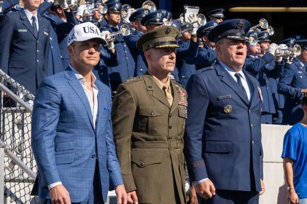 October 4, 2025, Annapolis, Maryland, USA: Secretary of War PETE HEGSETH, United States Naval Academy Superintendent Marine Corps Lieutenant General MICHAEL J. BORGSCHULTE, and United States Air Force Academy Superintendent Lieutenant General TONY D. BAUERNFEIND stand shoulder to shoulder as the Air Force Academy sings their alma mater at the Navy vs. Air Force football game. Annapolis USA - ZUMAs365 20251004_znp_s365_014 Copyright: xJoeyxSussmanx