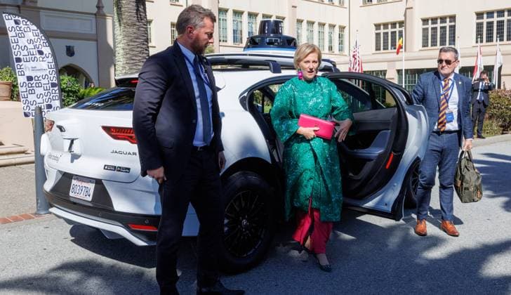 Princess Astrid of Belgium arrives with a Waymos car prior to the Autonomous Mobility Seminar: Advancing the Future of Self-Driving Technology meeting during an economic mission to the west coast of the United States, on Monday 06 October 2025. The Belgian Economic mission to USA takes place from October 4th to 12th.  BENOITxDOPPAGNE 136255338